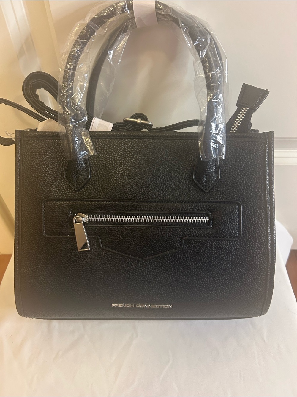 French Connection Black Pebbled Leather Satchel with Silver Zip
